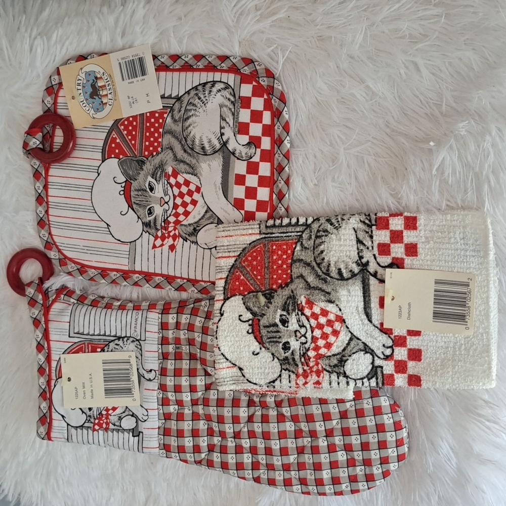 Vintage Franco Cat Theme Kitchen Towel 3 Pcs Set Bundle New Deadstock